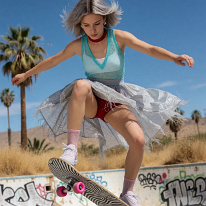 Defying Gravity: Skater Girl Flies Over Abandoned Desert Pool An ollie over the dried-up pool in the California desert. The young woman jumps into the air with her board, her fringed skirt billowing wide. Her mesh top,...