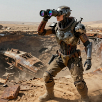 Scout at the Crater of the Fallen Mothership Decades after climate collapse and a failed alien invasion, a lone female scout surveys a colossal impact crater. Burlesque survival gear, scarred symbiotic...