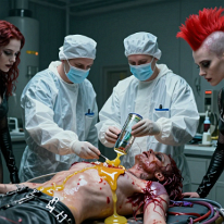 Harvesting the Cadaver-Coolant Work inside a crashed biomechanical Leviathan. Hybrid surgeon-scavenger outfits, scarred tissue, and viscous fluids create a brutal, clinical scene of intimate,...