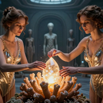 Harvesting Solar Crystals in an Alien Greenhouse Two women gather crystallized solar seeds from a petrified light plant inside a collapsed alien greenhouse. Floating micro-lights and frozen coral-like...