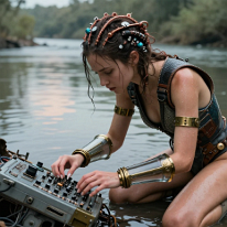 Girl forging alien metal by a polluted river A girl kneels at the bank of a polluted river, shaping alien metal with hammer and chisel. Toxic light reflects on the water. Her worn leotard, leather vest,...
