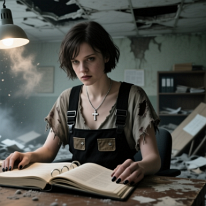 A moment of remembrance in a ruined office In a dark, destroyed office, a lone clerk sits at a rotting desk, reading an open file by the light of a single lamp. Dust and ash fall from the ceiling as a...