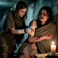 Wounded care in a candlelit cellar In a dark, decaying cellar lit by candles, a girl carefully bandages the injured arm of a young woman. The woman winces in pain, gripping her helper for...