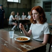 The Dining Hall – Eating Under Watch Young women sit at worn wooden tables in a dark, decayed dining hall of a dystopian neo-reformatory prison, holding spoons and bowls of stew, while stern...