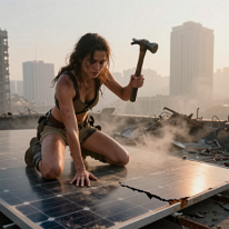 Woman Destroying Solar Panel on Rooftop at Dawn Young woman kneels on a rooftop at dawn, striking a damaged solar panel with a hammer. Cracked fragments and dust scatter as warm light and soft haze shape a...