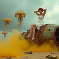 Genesis of Dust and Sulfur Amid sulfurous mists and drifting jellyfish, a lone woman perches on jet wreckage, white dress fluttering. Humanity’s last guardians, women watch mutations,...