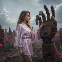 A Steel Salute at the Poppy Field Cemetery The world is destroyed — yet beauty refuses to die. Amid ruins and ash, humanity’s last grace endures — wrapped in leather, lace, and defiance. Style becomes...