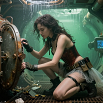 Woman in Flooded Submarine Inspecting Damaged Hatch Young woman in a flooded, rusted submarine crouches on a metal grid, examining a damaged hatch. Water drips from above, broken panels and shattered instruments...