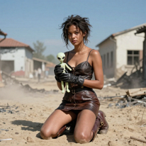Girl in a ruined street holding an alien artifact