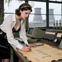 Transcribing the Old Control Plan A young woman in a decommissioned nuclear plant control room carefully copies switch positions onto a hand-drawn schematic. White blouse, black lace bra, velvet...