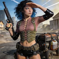Vigilant in the Ruined City A young woman with black-blue curly hair stands alert in a post-apocalyptic city, wearing dusty-rose tech-mesh blouse, black waxed-canvas bloomers, and...