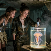 Observation of Bioluminescent Specimen in Abandoned Bunker Two young women study a glowing jellyfish-like organism in a damp, moldy bunker lab, with flickering CRT monitors, swirling sulfur mist, and dusty equipment,...