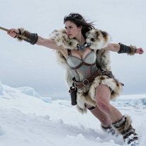 Young woman throwing a hunting spear in arctic landscape Young woman in arctic landscape, athletic and poised, holds a hunting spear in one hand in a dynamic forward stance. She wears a white bear fur cape over...