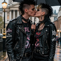 Punk Couple Kissing Under Umbrella