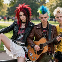 Cosplay Girl and Punk Boys in Hyde Park Young cosplay girl with red and black Liberty spikes poses with two young punk boys in Hyde Park. Semi close-up shows detailed faces and expressive eyes,...