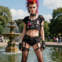 Punk Girl by Fountain in Hyde Park Young punk girl with colorful mohawk stands confidently by a fountain in Hyde Park under a sunny sky. Her bold outfit, makeup, and accessories showcase defiant...