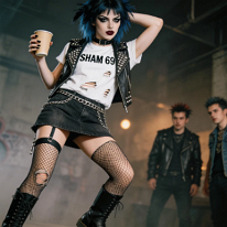 Young Punk Girl Dancing in London Club Young punk girl dancing alone in a smoky London club, holding a cup with one hand and the other behind her head. Her bold outfit and striking makeup stand out...