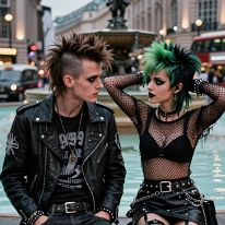 Punks at Piccadilly Circus Fountain London Close-up of two young punks sitting on the Piccadilly Circus fountain wall, talking. A blurred bus and taxi pass behind them. Their bold punk fashion and...