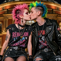 A punk girl being watched by a man by the Thames Young punk girl leans over a riverside railing, wearing a short leather skirt, DIY punk clothing, and magenta mohawk, watched from behind by a man in a trench...