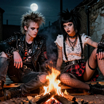 Punk Couple by Campfire Two young punks sit on wooden pallets near a small campfire in a ruined brick house at night. The girl on the boy’s lap, both in authentic DIY late-1970s punk...