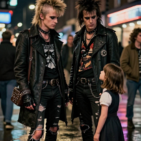 Scene in Soho with a Little Girl and Two Punk Boys Two young punk boys stand side by side on a wet Soho street at night, looking down confidently at a young girl facing them. The scene captures a tense,...