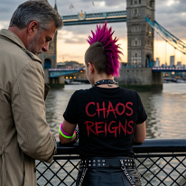 A punk girl being watched by a man by the Thames Young punk girl leans over a riverside railing, wearing a short leather skirt, DIY punk T-shirt, and magenta mohawk, watched from behind by a man in a trench...
