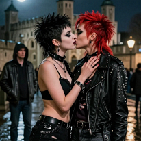 Punk Girls Kissing at Tower of London Two young punk girls kiss in front of the Tower of London on wet cobblestones reflecting moonlight. Their bold punk style contrasts with the historic setting,...