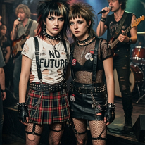 Punk Women at Underground Club Two young punk women stand close together in front of the stage of a small underground club, wearing authentic punk outfits with torn shirts, mini skirts,...