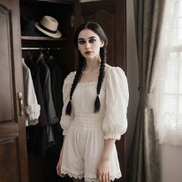 Atmospheric scene inspired by gothic aesthetics and mystery Stone and shadow glow in candlelight, where Victorian lingerie reveals subtle desire and forbidden allure. Faces emerge from half-light, distant yet intimate,...
