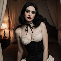 Atmospheric scene inspired by gothic aesthetics and mystery Stone and shadow glow in gentle candlelight, where Victorian charm and subtle desire entwine. Faces emerge from half-light, distant yet intimate, hinting at...