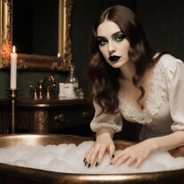 Atmospheric scene inspired by gothic aesthetics and mystery Candlelight dances across stone and shadow, revealing gothic elegance and subtle longing. Faces emerge from half-light, distant yet intimate, hinting at untold...