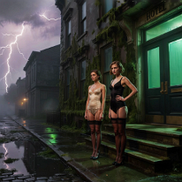 Waiting for a Life That Has Already Passed They stand in front of the hotel because the hotel promises what the street does not offer. Their gaze drifts toward the dark windows of the opposite houses....