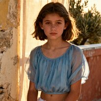 Mediterranean Light & Elegance A young woman lounges gracefully on a sun-drenched terrace in Greece, dressed in a delicate, flowing chiffon top and lightweight summer trousers. Her hands rest...