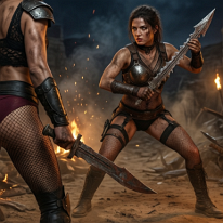 Arena of Broken Blades A brutal gladiator confrontation unfolds in a ruined arena filled with shattered stone and scrap metal. Two female warriors clash in close combat, their...