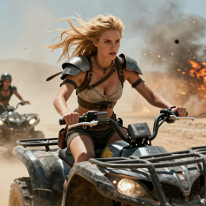 Desert Thunder Run A young blonde female warrior rides a heavy quad bike at extreme speed through a post-apocalyptic desert wasteland. Her hair whips in the wind as sand and dust...
