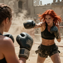 Desert Ring of Fury Foreground shows the back and shoulder of a female boxer with braided brown hair in a dust-covered boxing arena. She wears black sports gear and stands ready in...