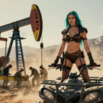 The Last Drops in the Old Oil Field A young female warrior stands on a quad bike in a dying oil field where the last functioning pump struggles within collapsing rusted machinery and broken...